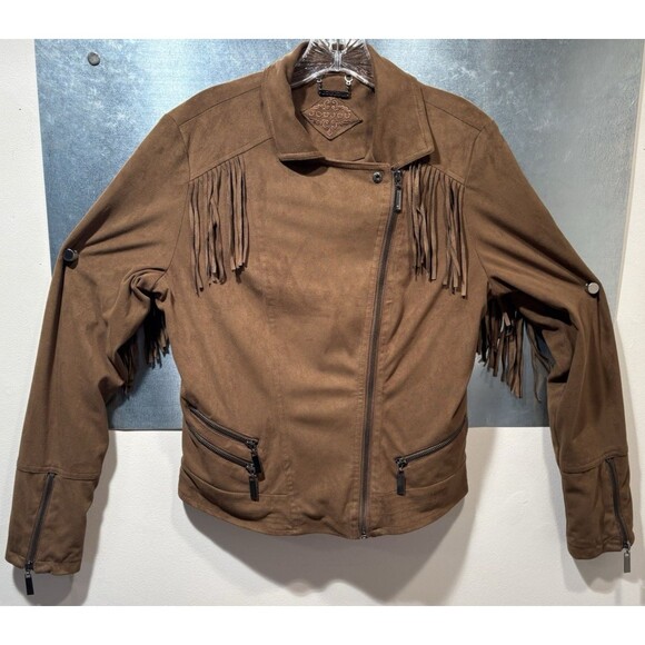 JouJou Faux Suede Leather Fringe Asymmetrical Zip Motorcycle Jacket Size Large - Picture 4 of 16